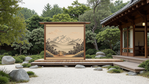 古代文人雅士聚会场景插画，庭院环境，古色古香的建筑背景，体现传统文化氛围